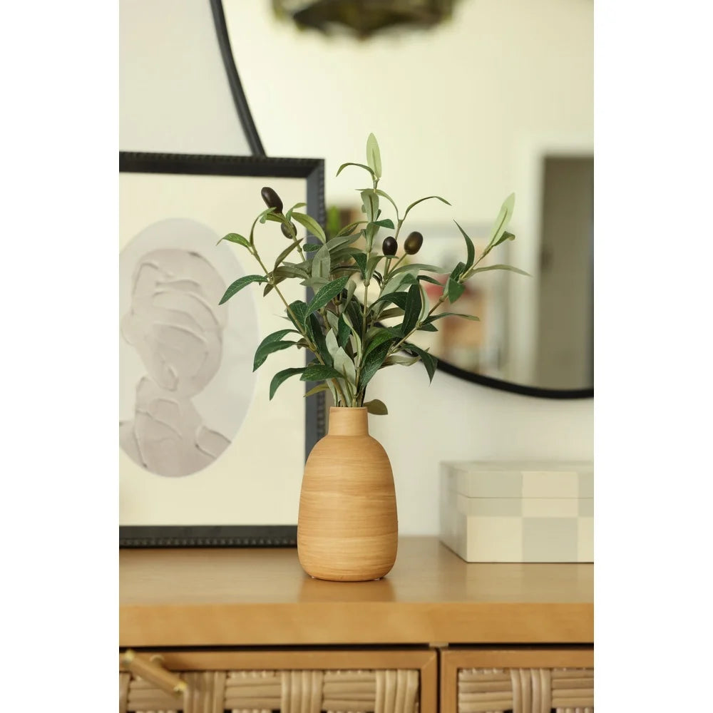 Artificial Olive Potted Plant Wood Finish Vase