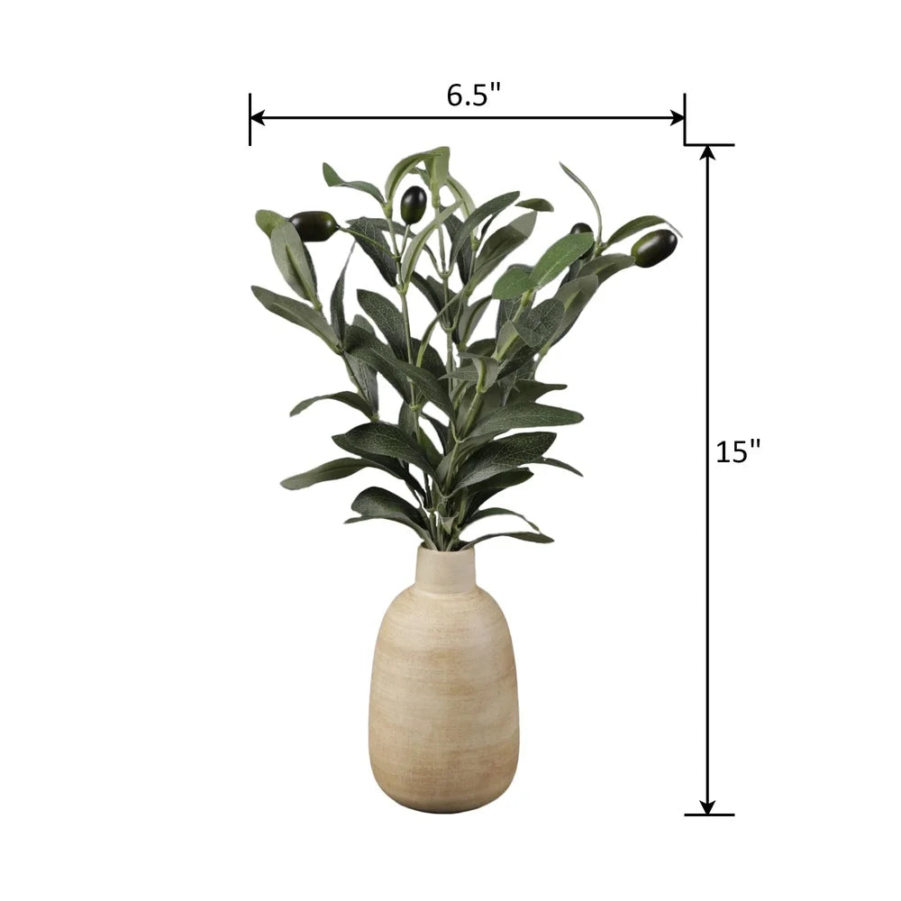 Artificial Olive Potted Plant Wood Finish Vase