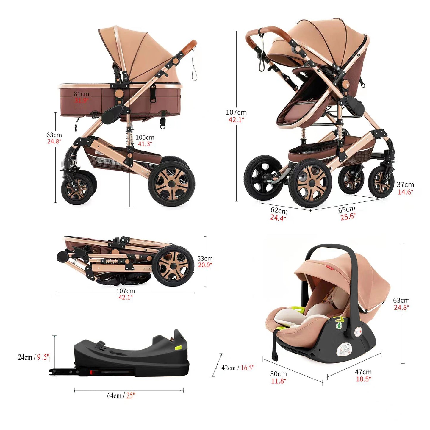 3 in 1 Baby Stroller, Pram With Base