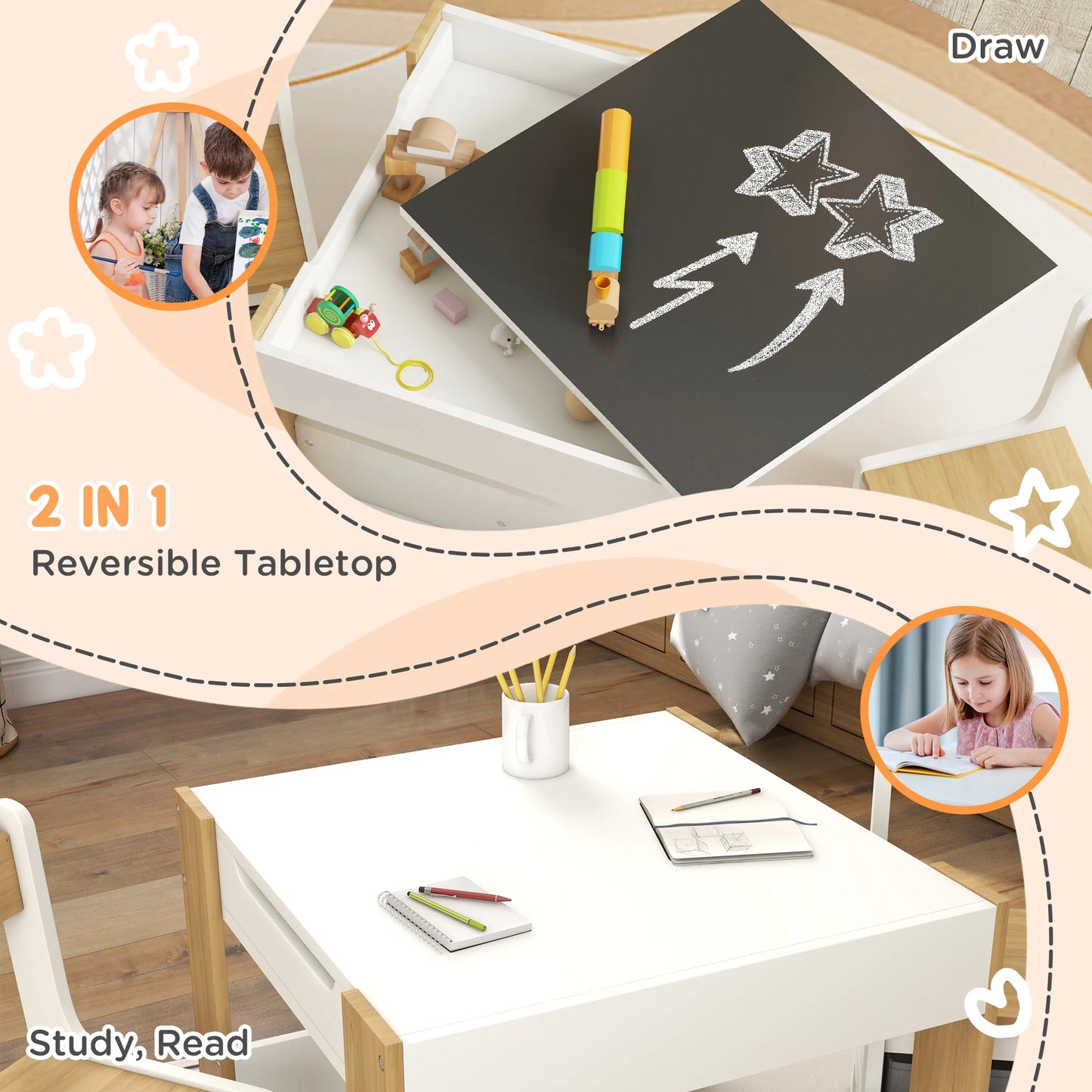 Wooden Kids Table and Chair Set with Blackboard