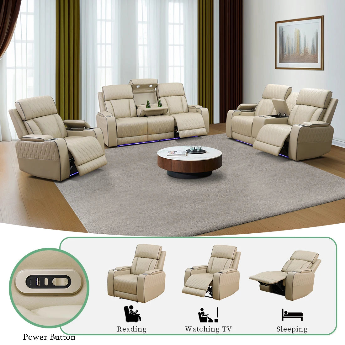 3PCS Leather Power Recliner Sofa with Cup Holder