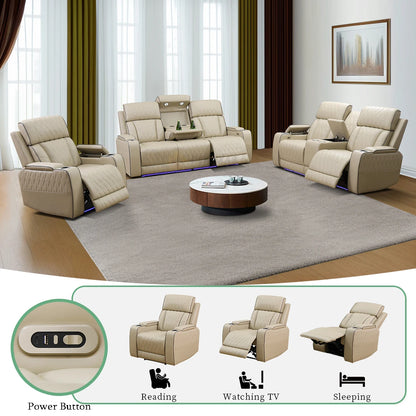 3PCS Leather Power Recliner Sofa with Cup Holder