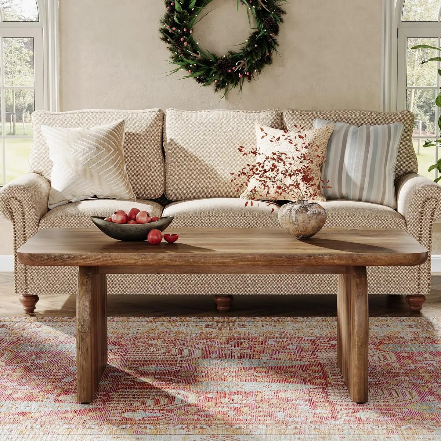 Rectangle Coffee Table,Wood Rectangular Living Room Table, Farmhouse Accent Center Low Cocktail Tea Table with Sturdy Base