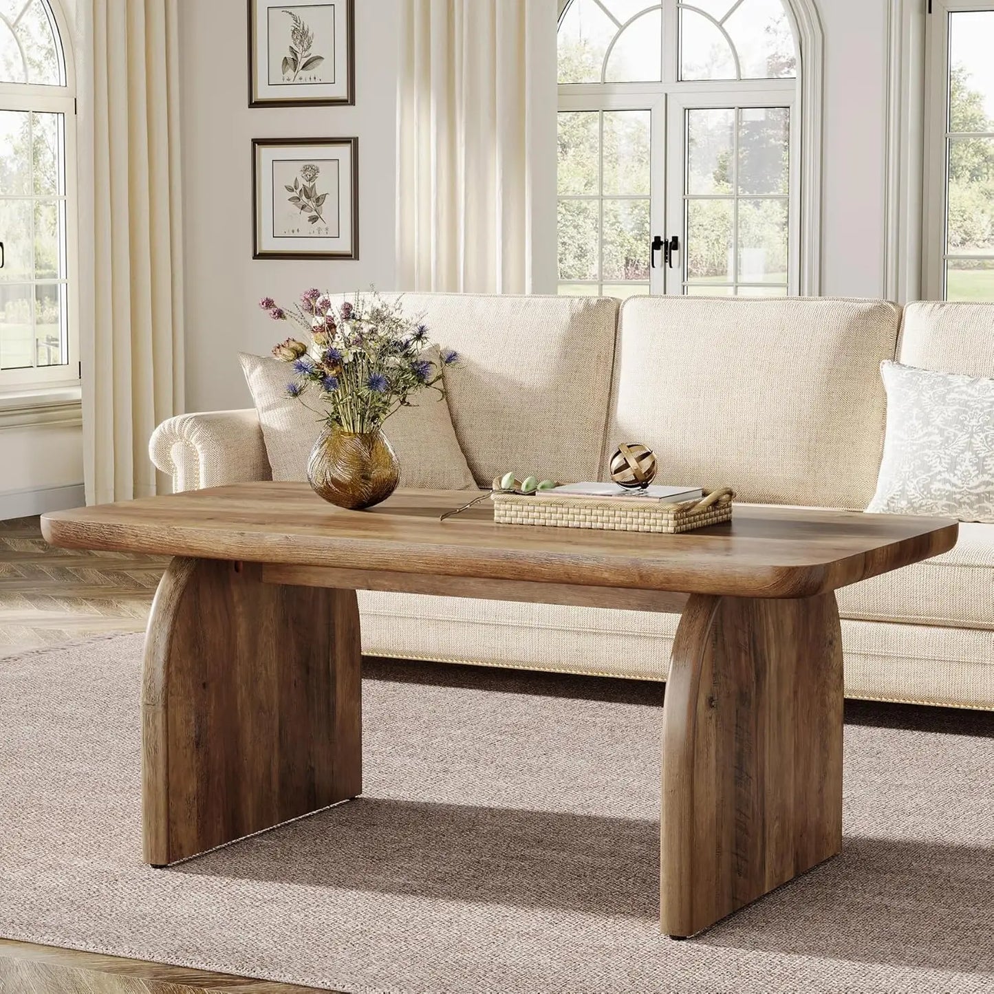 Rectangle Coffee Table,Wood Rectangular Living Room Table, Farmhouse Accent Center Low Cocktail Tea Table with Sturdy Base