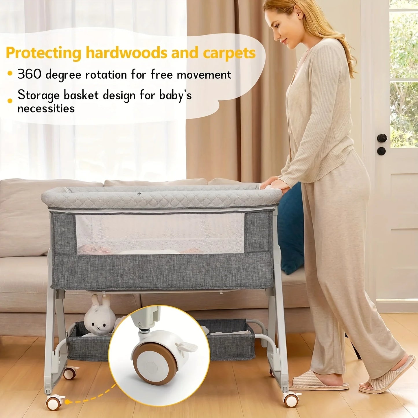 Bedside Bassinet for Baby with Wheels